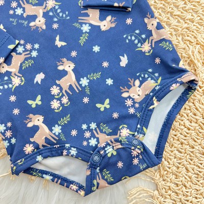 Conj. Body Manga Longa e Calça em Malha Térmica Rena com Flores - Azul Marinho